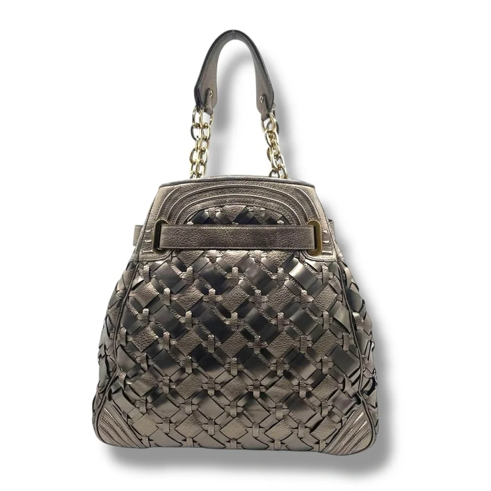 Versace T5 Tote Gray Silver Bronze Braid Leather Shoulder Bag LG LTD ED VINTAGE